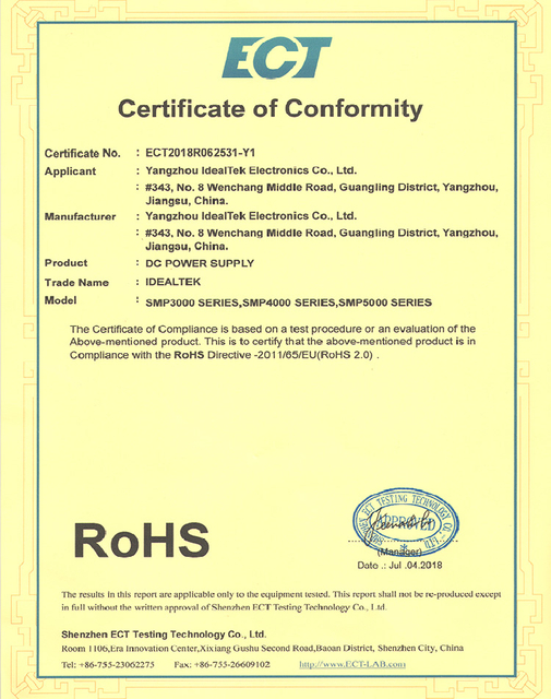 Certificat RoHs des alimentations CC de la série SMP